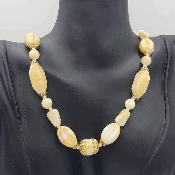 Boho Statement Beaded‎ Necklace Women Layered Gold Tone Cream Yellow Festival - Picture 2 of 10